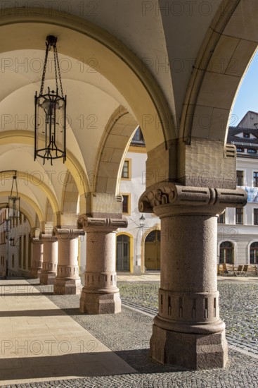 Arcade of New Town Hall building, Lower Market Square, Untermarkt, Görlitz, Goerlitz, Germany,