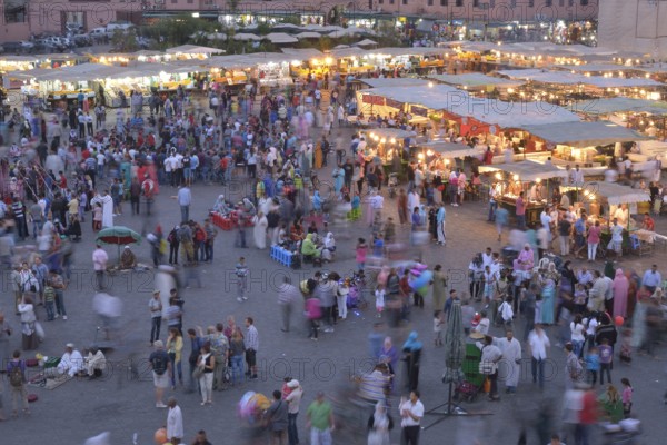 Food stalls in the Djemaa el Fna market square, Marrakesh, Marrakesh-Tensift-El Haouz region,