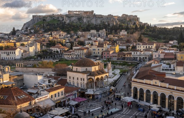 View over the old town of Athens, with Tzisdarakis Mosque and Acropolis, Monastiraki Square, in the