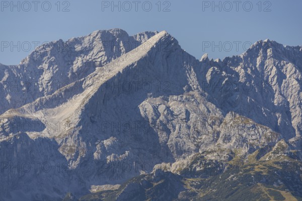 Panorama from Wank, 1780m, onto the Wetterstein Mountains with Alpspitze, 2628m, Werdenfelser Land,