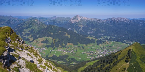 Panorama from the Walser Hammerspitze, 2170m, into Kleinwalsertal, Allgäu Alps, Vorarlberg,