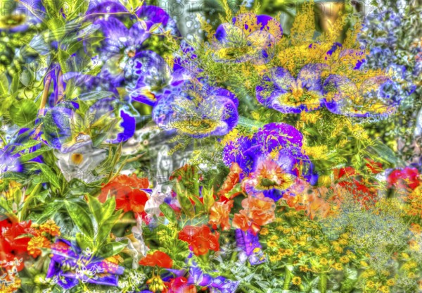 Oilpainting-like picture, various bright flowers, spring, large-flowered field pansy, viola (plant)