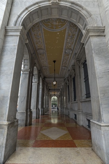 Arcade with fabulous tile floor of the Banca d'Ìtalia, Genoa. Italy