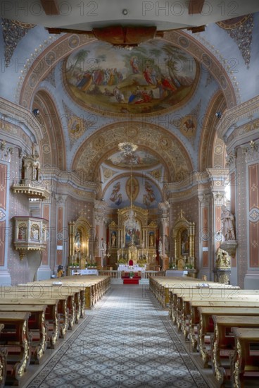 Interior view of nave and high altar, Parish Church of Ortisei, Val Gardena, South Tyrol, Italy,