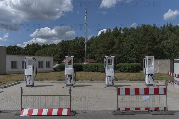 Four newly installed charging stations for electric cars at a rest area on the A 20 Berlin-Hamburg