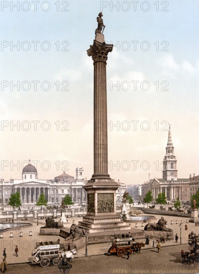 Trafalgar Square and National Gallery, London, ca 1895, England, Historic, digitally restored