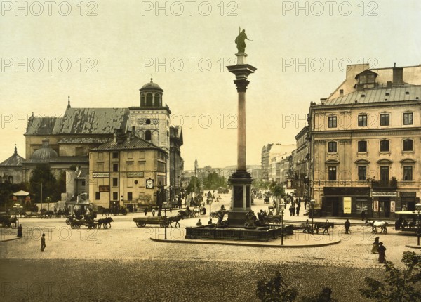 Sigismund's Column on Castle Square in Warsaw, Poland, c. 1890, Historic, digitally enhanced