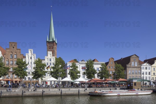 View over the Lübecker St. Petri Church, Petrikirche along the river Obertrave at Lübeck,