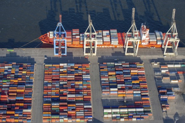 Aerial view of the container ship of the shipping company Hamburg Süd the Santa Teresa at the