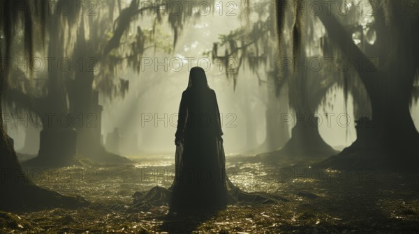 Ghostly female figure silhouette standing or walking amidst the spooky halloween fog outside,