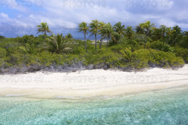 Aerial view, Typical island landscape, uninhabited island, lagoon, sandy beach, bushes and coconut