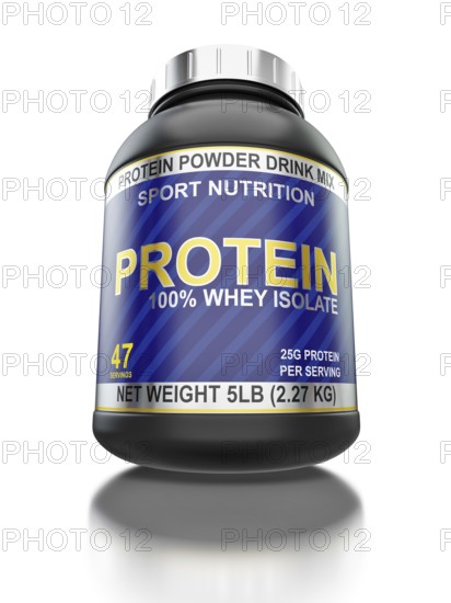 Sport nutrition, bodybuilding supplements, diet concept, whey isolate protein jar with isolated on
