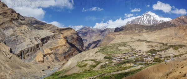 Panorama of Spiti valley and Kibber village in Himalayas. Spiti Valley, Himachal Pradesh, India,