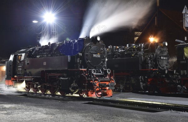 Steam locomotive of the Harz narrow gauge railway at night, Wernigerode, Saxony-Anhalt, Germany,