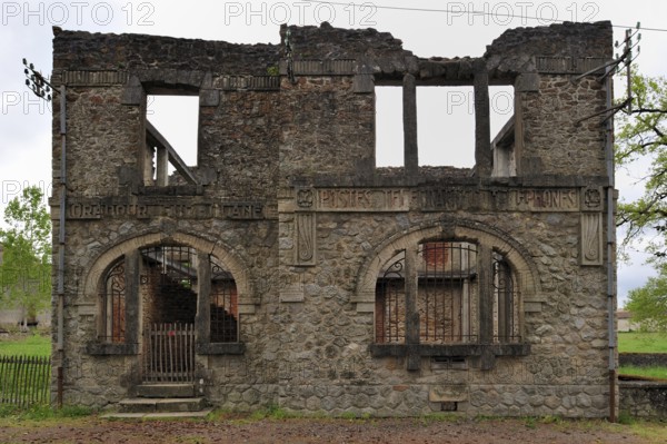 The burnt-out post office. The burnt village of Oradour-sur-Glane was destroyed on 10 June 1944
