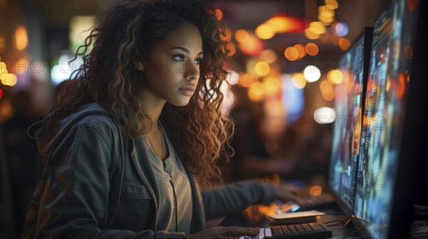 Busy young african american girl working on a computer in an office setting. generative AI