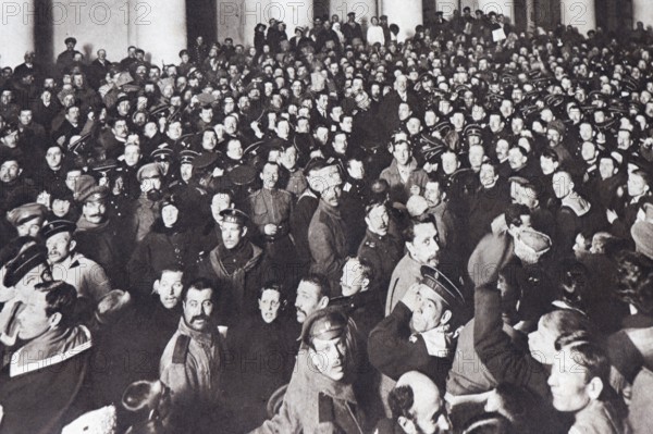 Soldiers and sailors attending a meeting in the Tauride palace, Saint Petersburg, 1917, Russia,