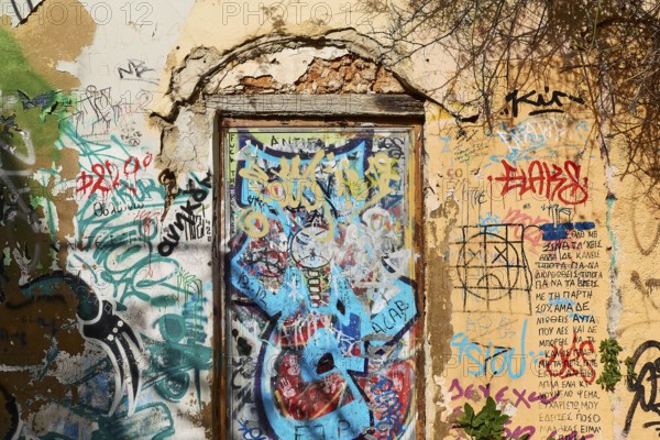 Venetian old town, house wall, door, graffiti, Chania, West Crete, island of Crete, Greece, Europe