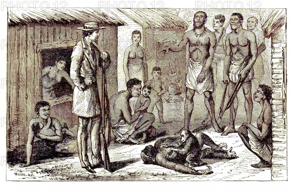 Natives standing in front of a hunter who shot a gorilla that had a cub, 1869, Uganda, Historical,