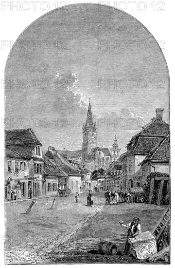 Inner city of Sibiu, Sibiu, in 1869, Transylvania, Transylvania, Romania, Historic, digitally