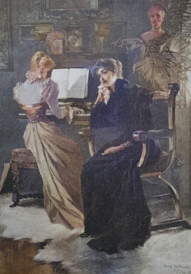 The composer's widow, living room, piano, 1880, Austria, Historic, digitally restored reproduction