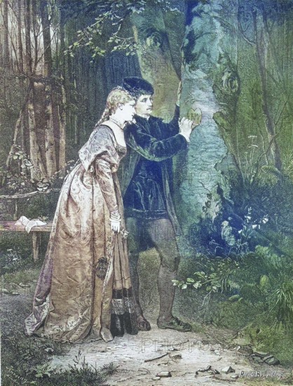 Couple in Love in the Forest Carving a Heart into a Tree Trunk, c. 1875, Historic, digitally
