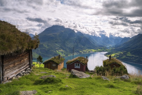 Traditional mountain huts on Rakssetra mountain pasture, Årheimsfjellet mountain, Loen, Stryn,