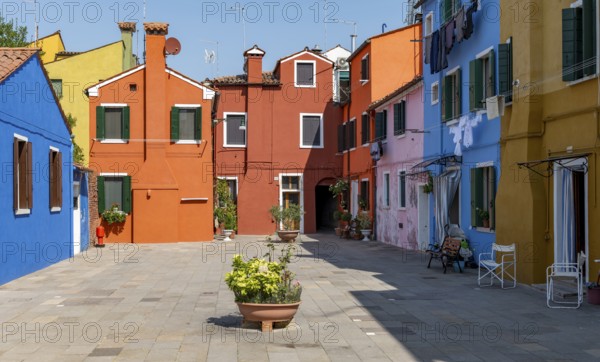 Colourful houses with flowers, colourful house facades, alleys on the island of Burano, Venice,