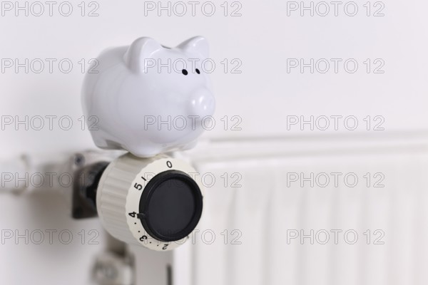 Concept for saving money for gas for heating with piggy bank on radiator with copy space