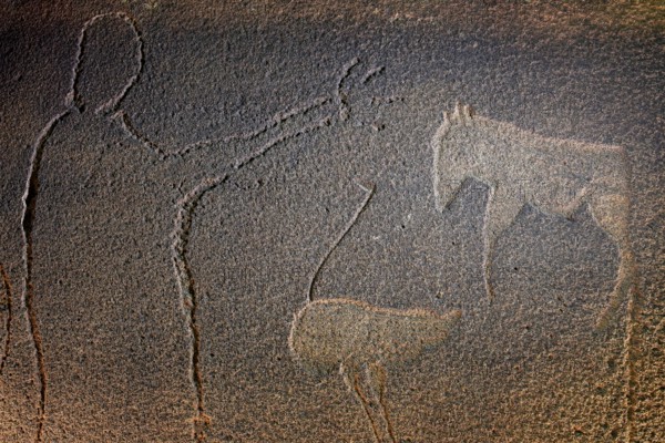 Rock engraving of a man with raised arm, ostrich and zebra, at night, illuminated, God's plate,