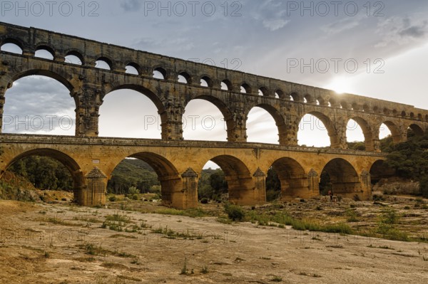 Pont du Gard, Roman aqueduct over the River Gardon, Languedoc-Roussillon, Southern France, France,