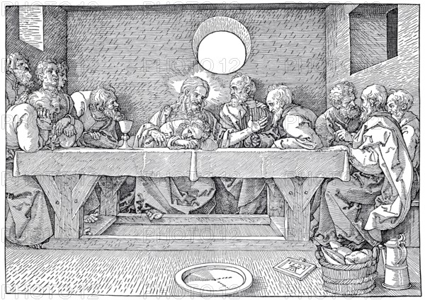 The Last Supper, woodcut by Albrecht Dürer, historical, digitally improved reproduction of an old