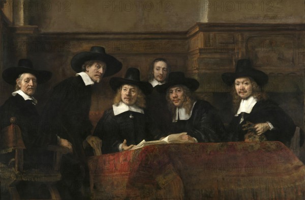 The members of the Amsterdam clothiers' guild known as the Syndics, painting by Rembrandt van Rijn