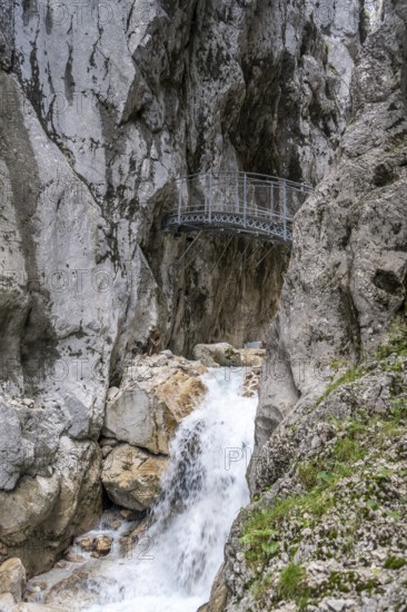 Bridge in the gorge, Hammersbach flows through Höllentalklamm, near Garmisch-Partenkirchen,