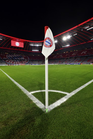 CL, Champions League evening, Allianz Arena, interior, corner flag, logo, scoreboard, pitch,