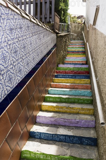 Art project with colourful steps, Escalera de colores, Ribadesella, Asturias, Asturias, Costa