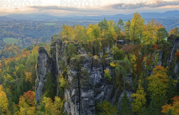 View from the Ferdinandstein to the rock castle Neurathen, Bastei, Lohmen, Saxon Switzerland, Elbe