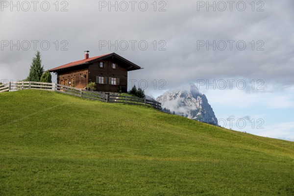 Hill with wooden house, Eckbauer, Werdenfelser Land, Garmisch-Partenkirchen, Upper Bavaria,
