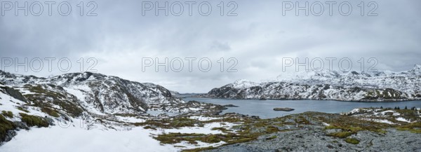 Panorama of norwegian fjord in winter, Lofoten islands, Norway, Europe