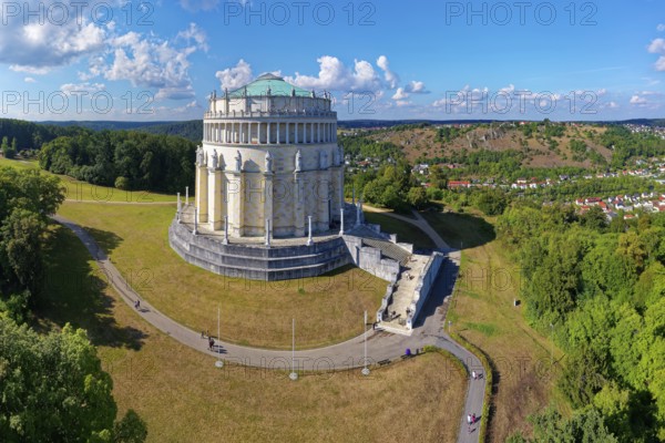 Aerial view, monument Befreiungshalle Kehlheim, round hall with dome, 45 m high, 29 m diameter,