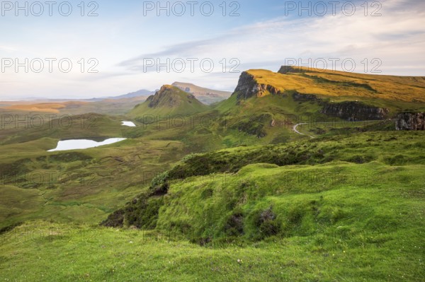 View of rocky landscape Quiraing, Trotternish Ridge, Highlands, Isle of Skye, Inner Hebrides,