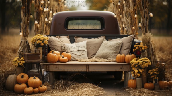 Vintage truck bed filled with fall themed decorations and pillows, generative AI
