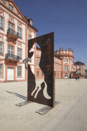 Horse figure in metal plate at Biebrich Castle, number, 75, hole, rusty, standing, looking through,