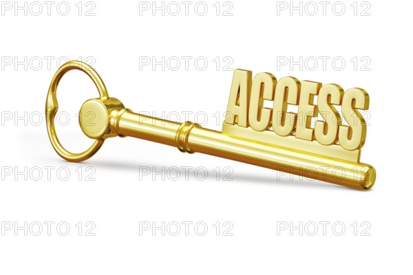 Access concept, golden access key made of gold isolated on white background