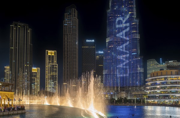 Night shot, water feature in Burj Khalifa Lake, Burk Khalifa, Downtown, Dubai, United Arab