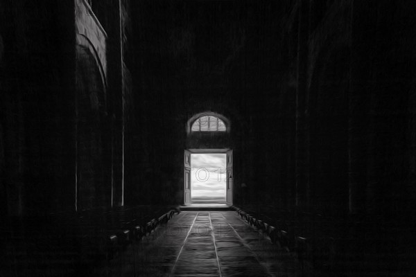 Incidence of light, door to terrace with view, Mont Saint Michel, dusk, stillness, illustration,