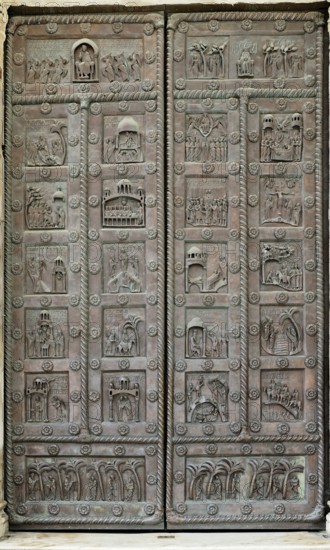 Replica of the Porta di San Ranieri with scenes from the life of Jesus and Mary, sculptor Bonanus