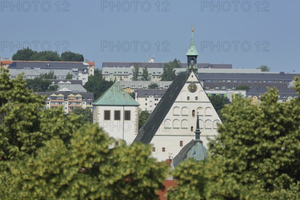 View of tower of Nikolai Church and gable with spire of St. Mary's Cathedral, Freiberg, Saxony,