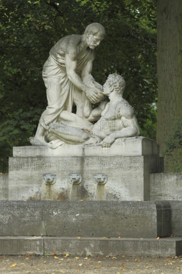 Samaritan fountain with two figures, fountain, Samaritan, allegory, help, helper, charity, give,