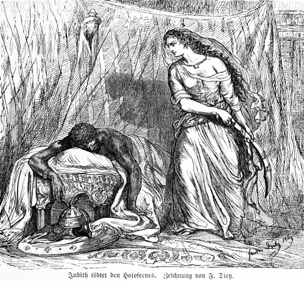 Widow Judith kills the victorious Assyrian commander Holofernes, room, curtain, table, sword,